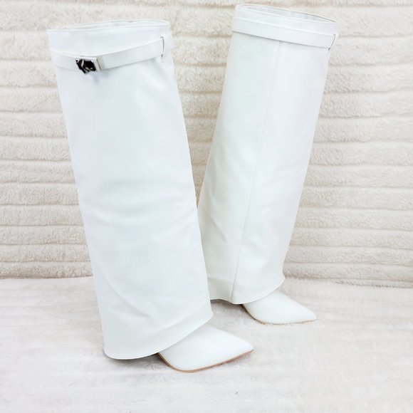 Paris White Skirted Fold Over 3.5" Block Heel Knee High Boots - Picture 7 of 9